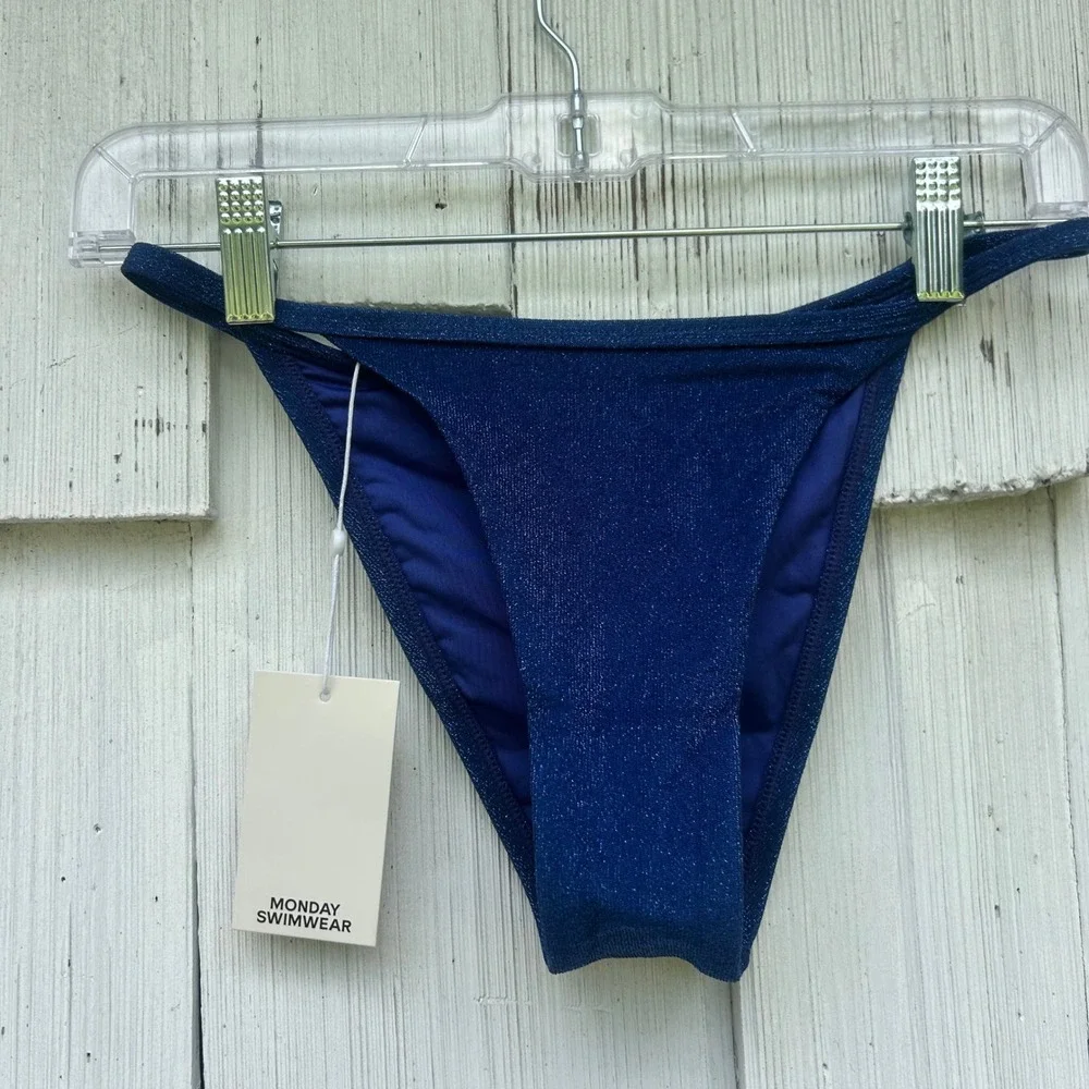 Monday Swimwear Portofino Top Kauai Bottom Navy Shimmer Bikini Set NWT Size S